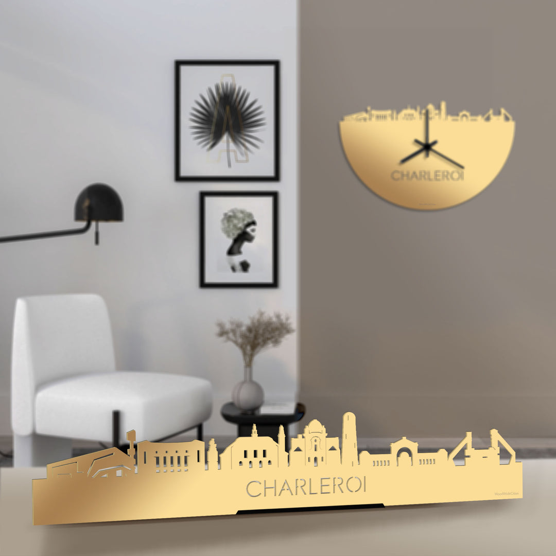 Standing Skyline Charleroi Metallic Goud gerecycled kunststof cadeau decoratie relatiegeschenk van WoodWideCities