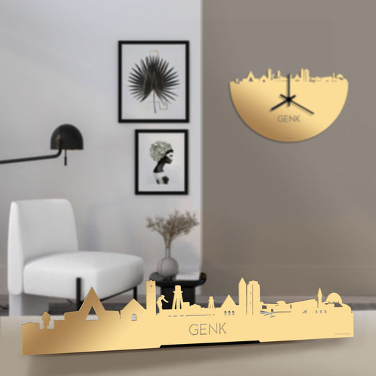 Standing Skyline Genk Metallic Goud gerecycled kunststof cadeau decoratie relatiegeschenk van WoodWideCities