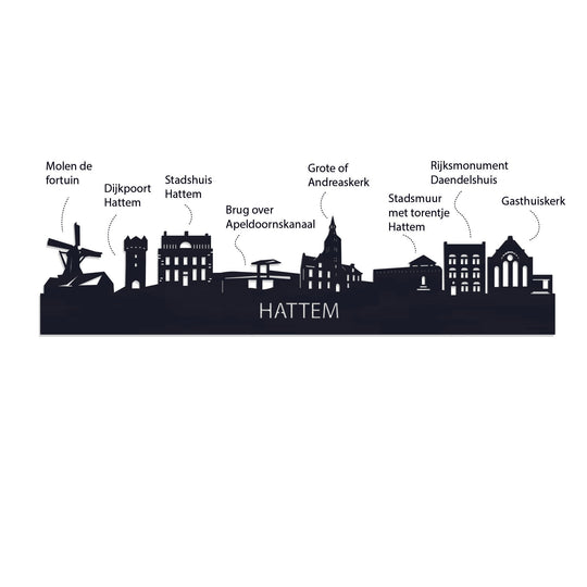 Standing Skyline Hattem Black houten cadeau decoratie relatiegeschenk van WoodWideCities