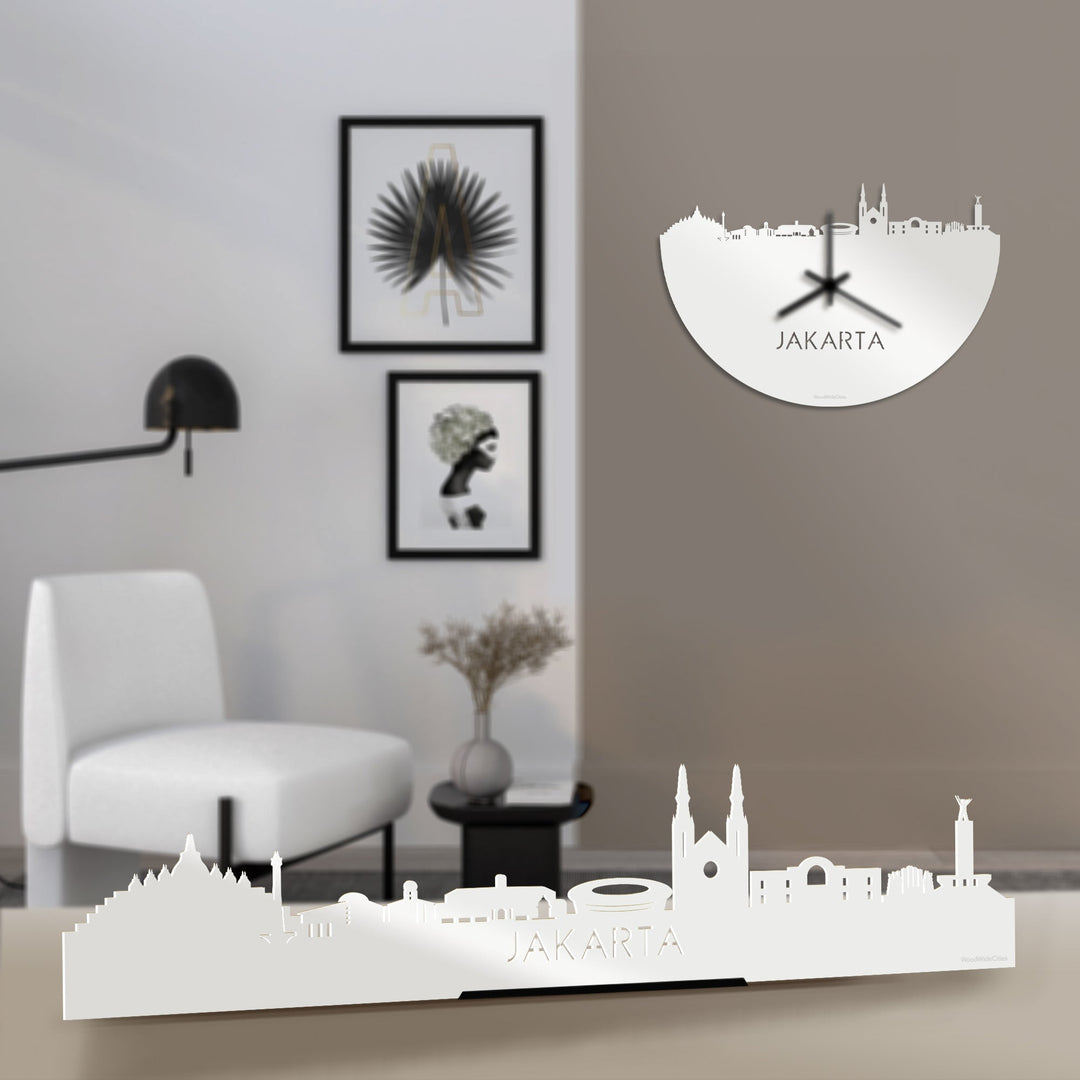 Standing Skyline Jakarta Wit glanzend gerecycled kunststof cadeau decoratie relatiegeschenk van WoodWideCities
