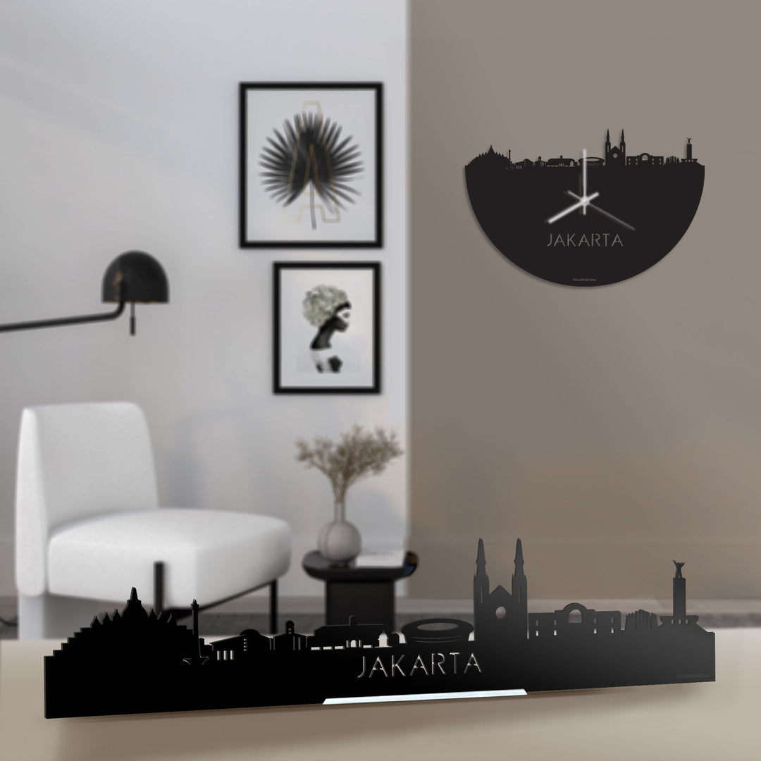 Standing Skyline Jakarta Zwart glanzend gerecycled kunststof cadeau decoratie relatiegeschenk van WoodWideCities