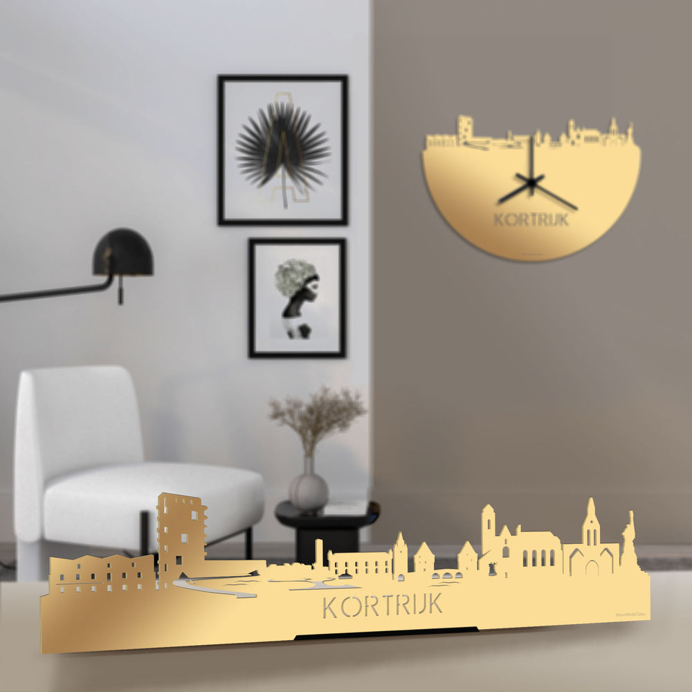 Standing Skyline Kortrijk Metallic Goud gerecycled kunststof cadeau decoratie relatiegeschenk van WoodWideCities