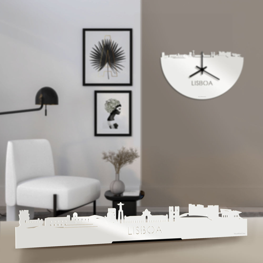 Standing Skyline Lisboa Wit glanzend gerecycled kunststof cadeau decoratie relatiegeschenk van WoodWideCities