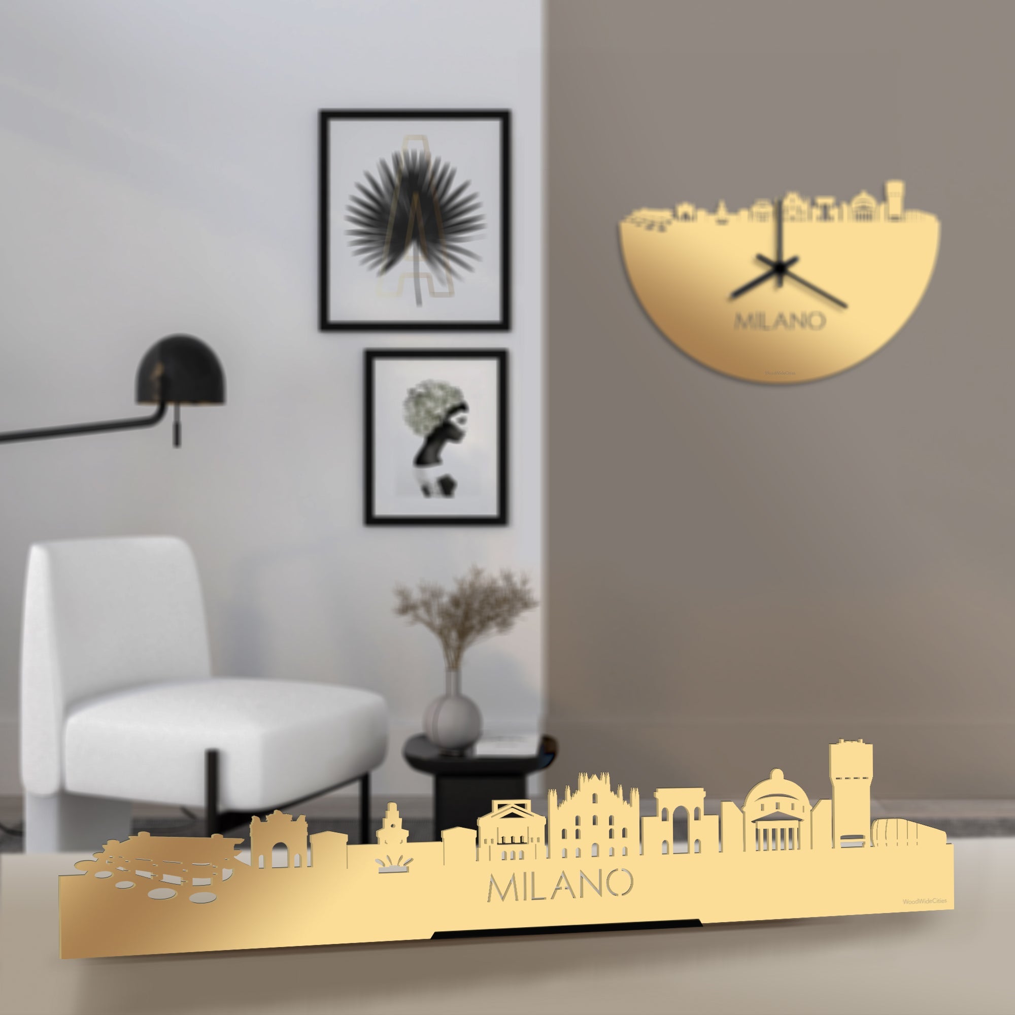 Standing Skyline Milano Metallic Goud gerecycled kunststof cadeau decoratie relatiegeschenk van WoodWideCities