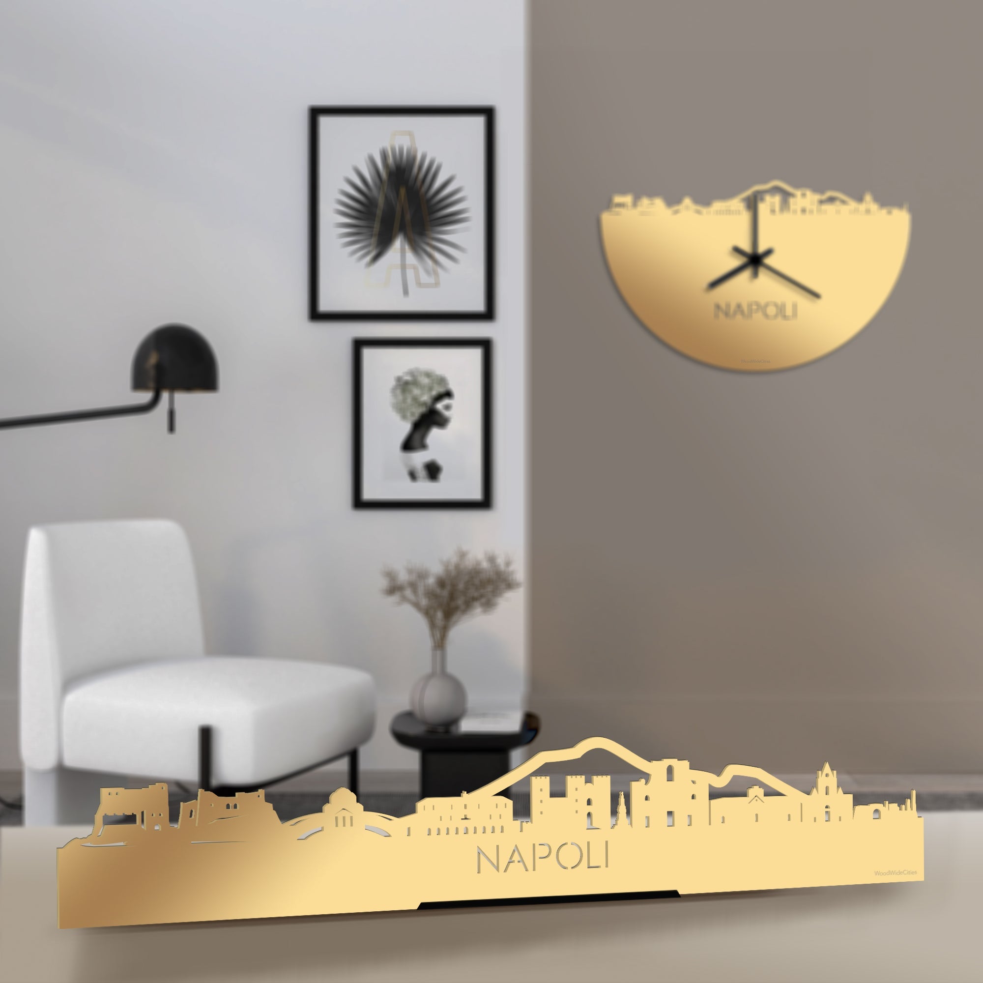Standing Skyline Napoli Metallic Goud gerecycled kunststof cadeau decoratie relatiegeschenk van WoodWideCities
