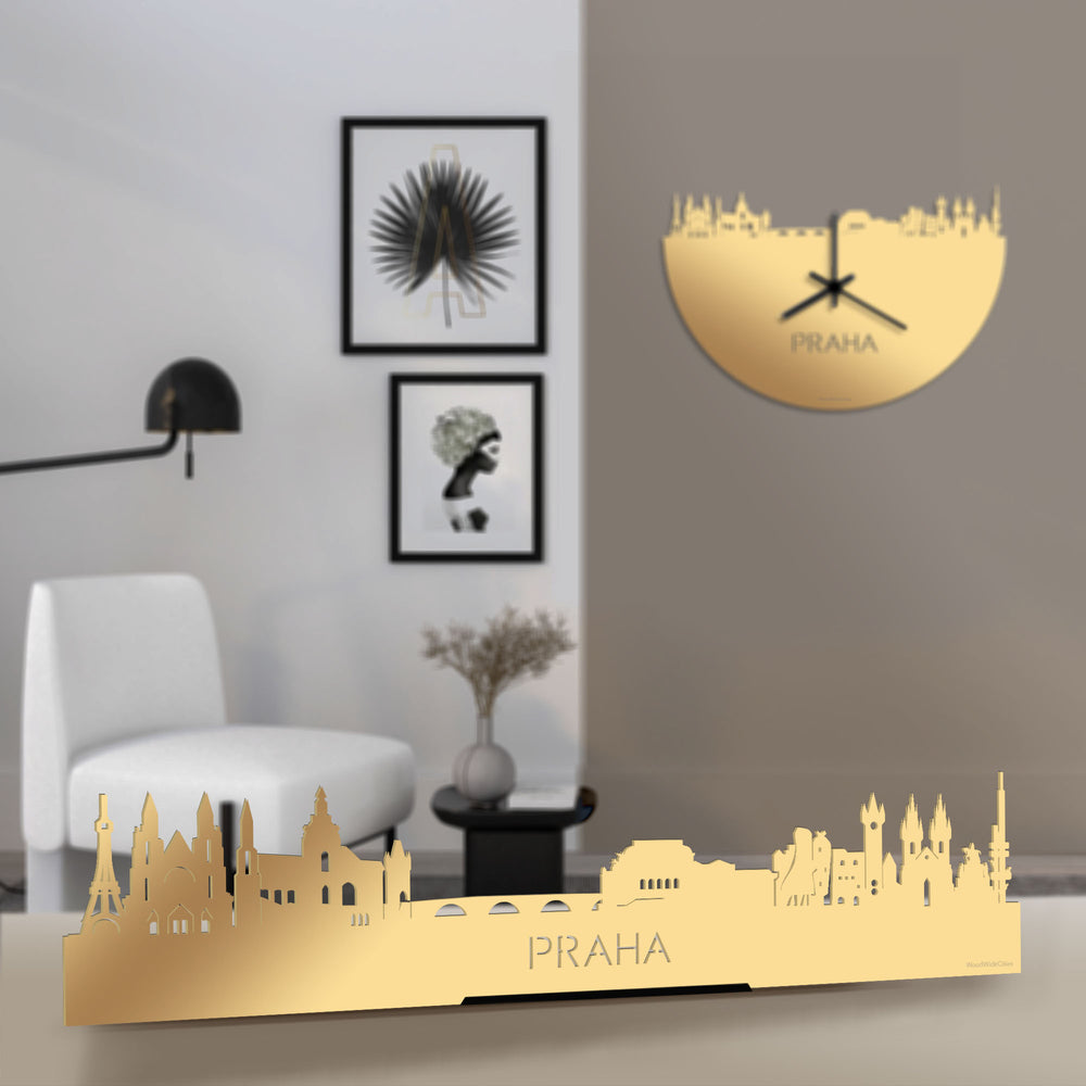Standing Skyline Praha Metallic Goud gerecycled kunststof cadeau decoratie relatiegeschenk van WoodWideCities