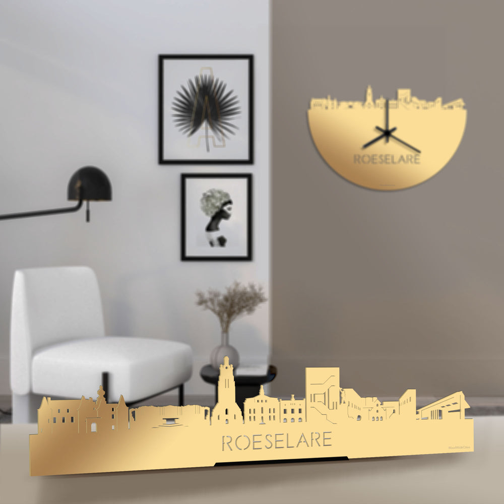 Standing Skyline Roeselare Metallic Goud gerecycled kunststof cadeau decoratie relatiegeschenk van WoodWideCities