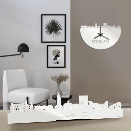 Standing Skyline Roeselare Wit glanzend gerecycled kunststof cadeau decoratie relatiegeschenk van WoodWideCities
