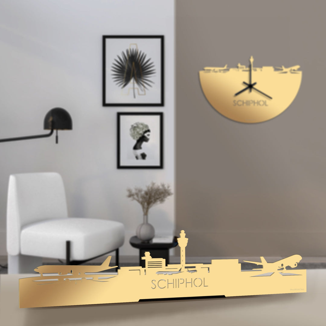 Standing Skyline Schiphol Metallic Goud gerecycled kunststof cadeau decoratie relatiegeschenk van WoodWideCities