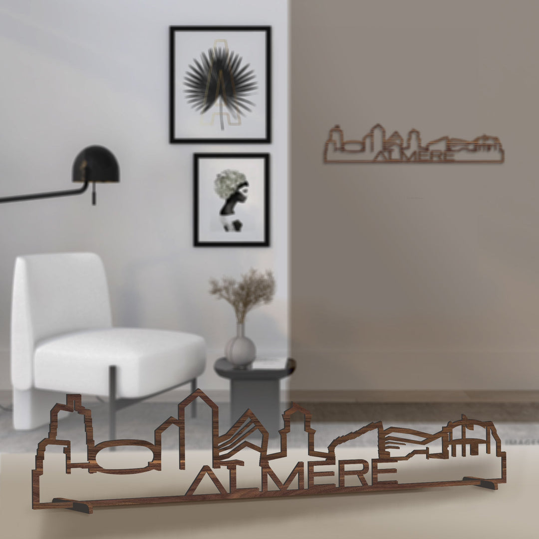 Standing Skyline Shape Almere Noten houten cadeau decoratie relatiegeschenk van WoodWideCities