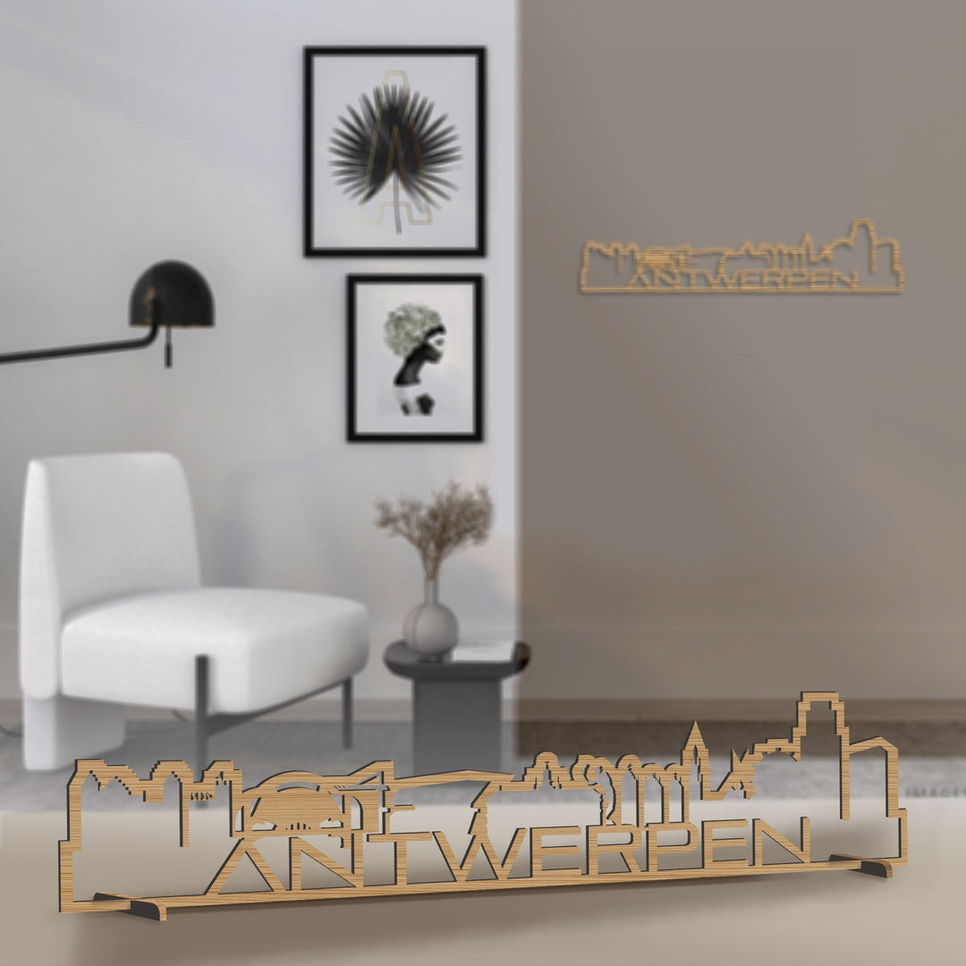 Standing Skyline Shape Antwerpen Bamboe houten cadeau decoratie relatiegeschenk van WoodWideCities