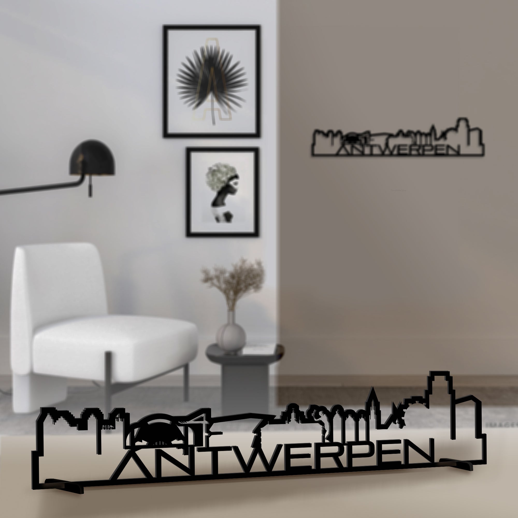 Standing Skyline Shape Antwerpen Black houten cadeau decoratie relatiegeschenk van WoodWideCities