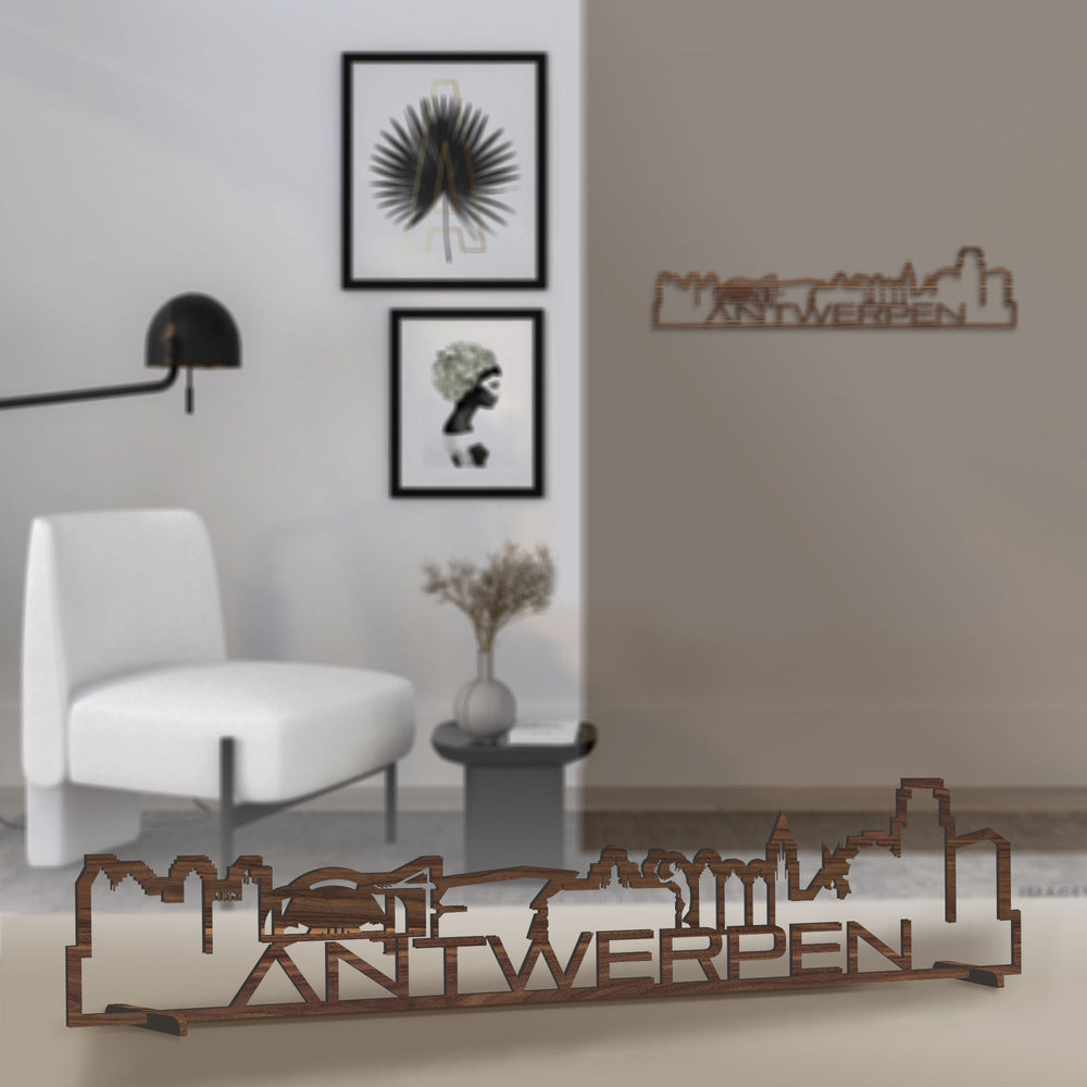 Standing Skyline Shape Antwerpen Noten houten cadeau decoratie relatiegeschenk van WoodWideCities
