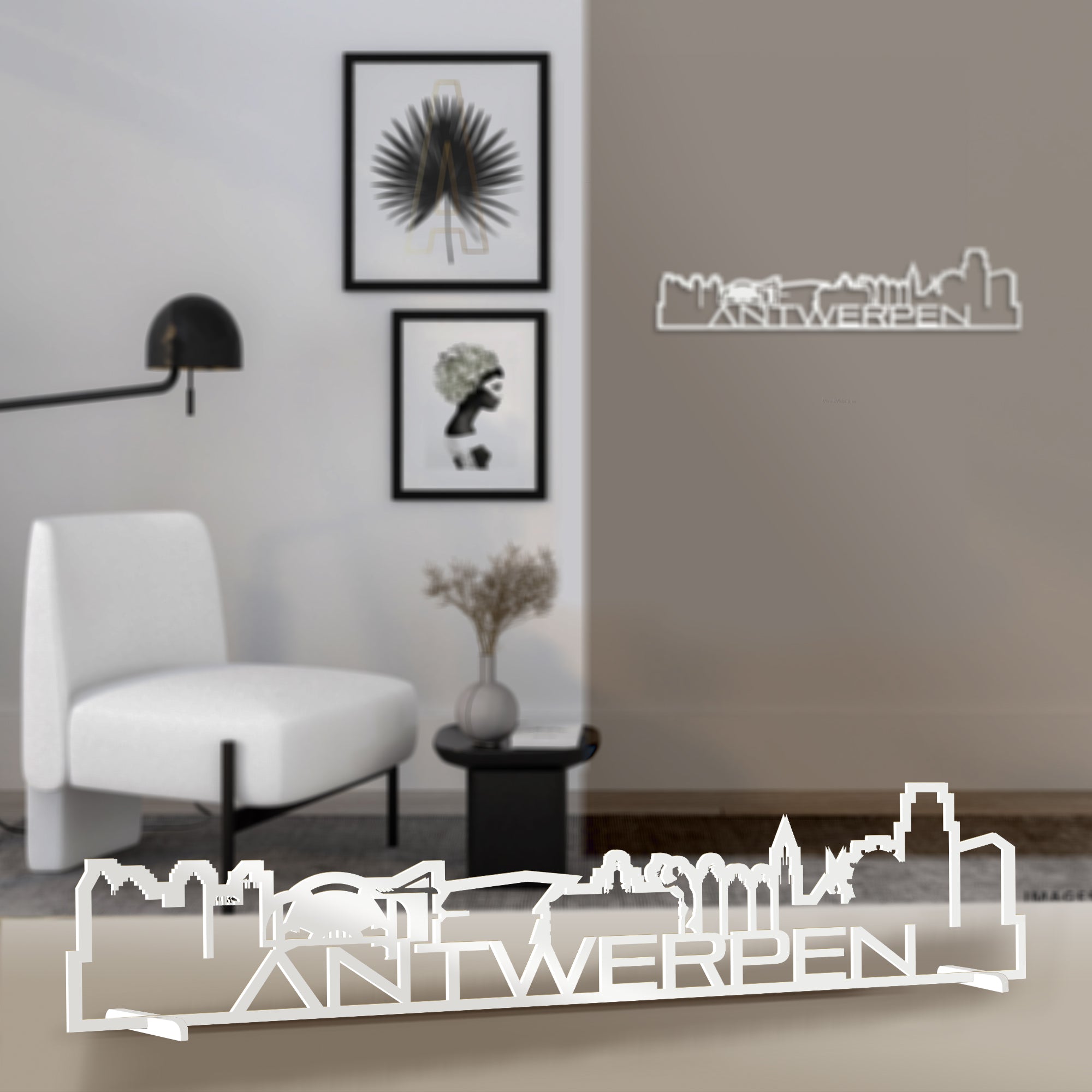Standing Skyline Shape Antwerpen Wit glanzend gerecycled kunststof cadeau decoratie relatiegeschenk van WoodWideCities