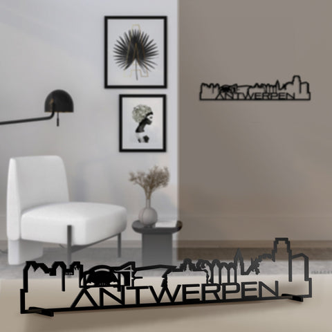 Standing Skyline Shape Antwerpen Zwart glanzend gerecycled kunststof cadeau decoratie relatiegeschenk van WoodWideCities