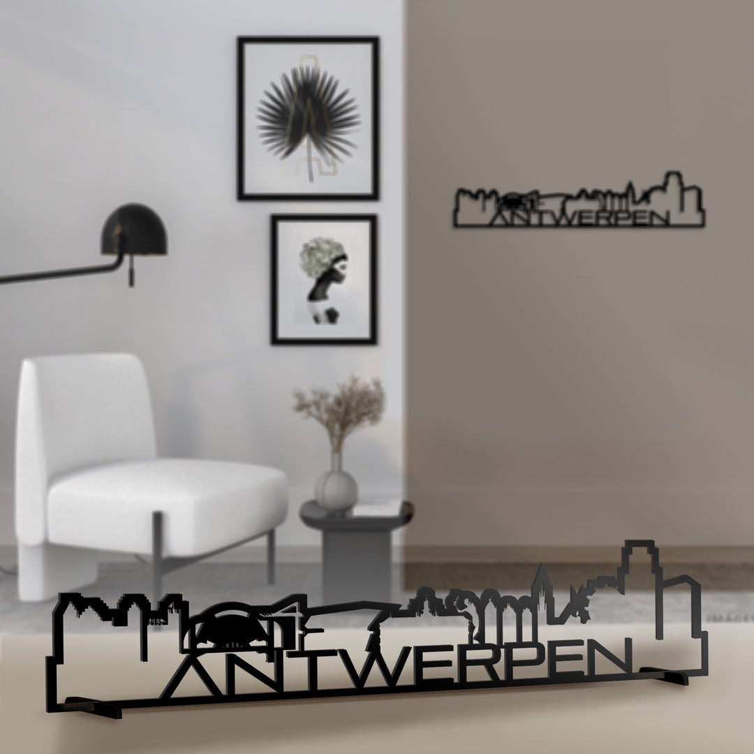 Standing Skyline Shape Antwerpen Zwart glanzend gerecycled kunststof cadeau decoratie relatiegeschenk van WoodWideCities