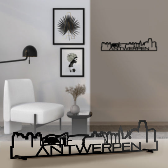 Standing Skyline Shape Antwerpen Zwart glanzend gerecycled kunststof cadeau decoratie relatiegeschenk van WoodWideCities