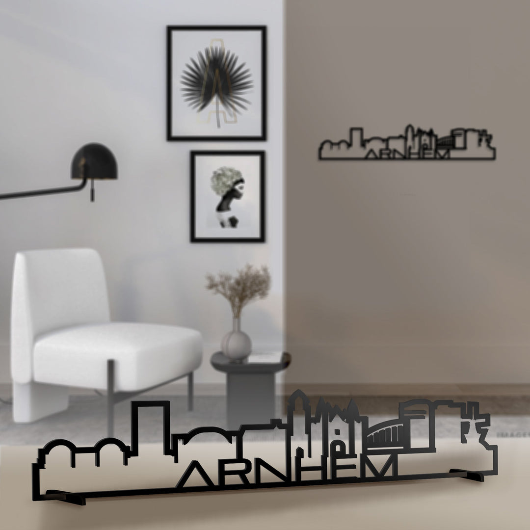 Standing Skyline Shape Arnhem Zwart glanzend gerecycled kunststof cadeau decoratie relatiegeschenk van WoodWideCities