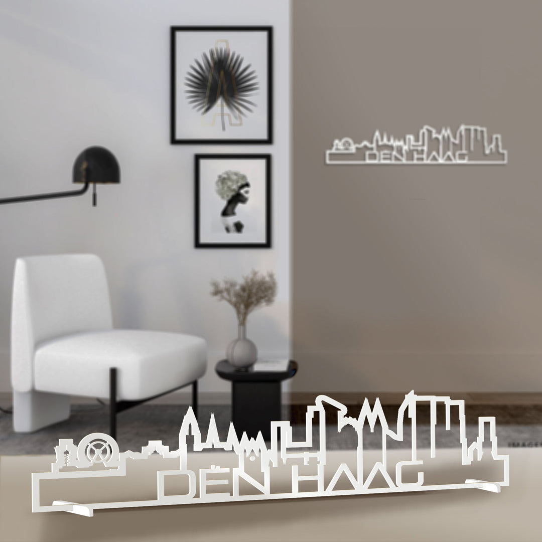 Standing Skyline Shape Den Haag Wit glanzend gerecycled kunststof cadeau decoratie relatiegeschenk van WoodWideCities