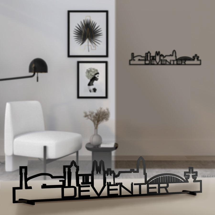 Standing Skyline Shape Deventer Zwart glanzend gerecycled kunststof cadeau decoratie relatiegeschenk van WoodWideCities