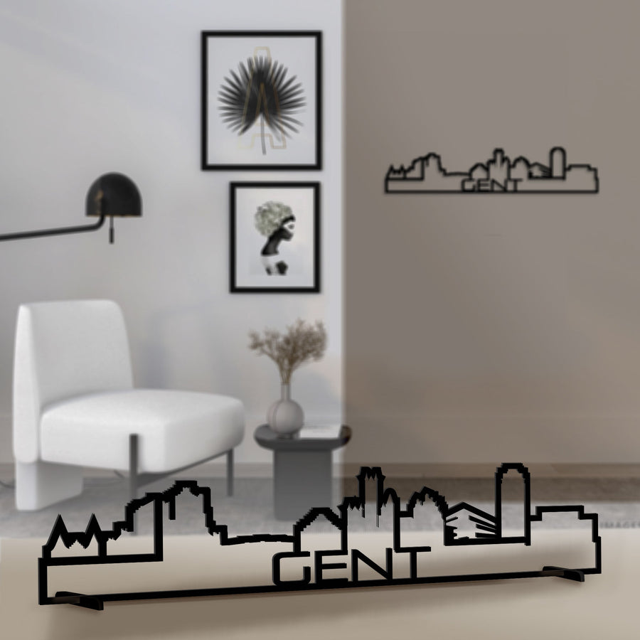 Standing Skyline Shape Gent Black houten cadeau decoratie relatiegeschenk van WoodWideCities