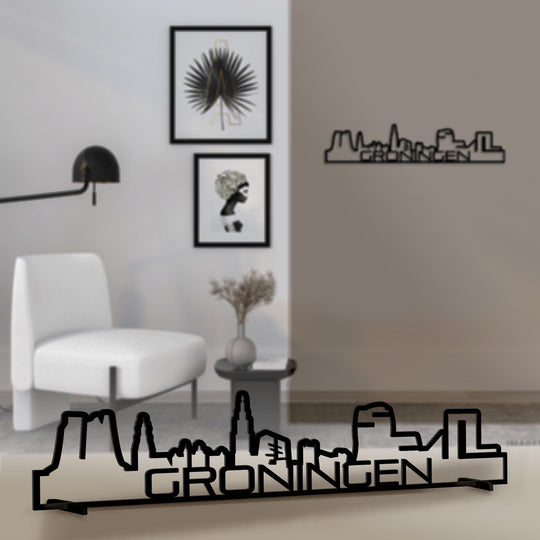 Standing Skyline Shape Groningen Black houten cadeau decoratie relatiegeschenk van WoodWideCities