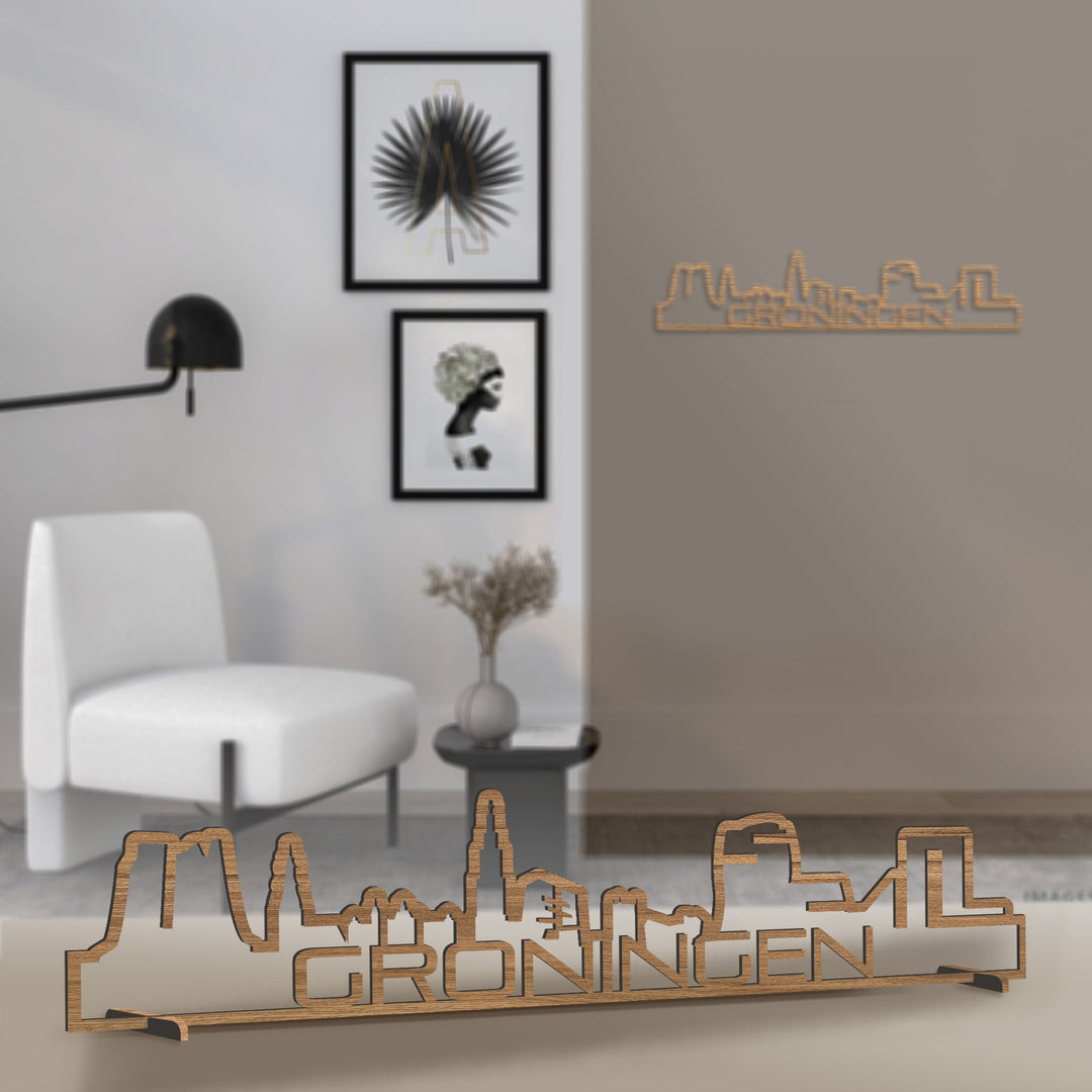 Standing Skyline Shape Groningen Eiken houten cadeau decoratie relatiegeschenk van WoodWideCities