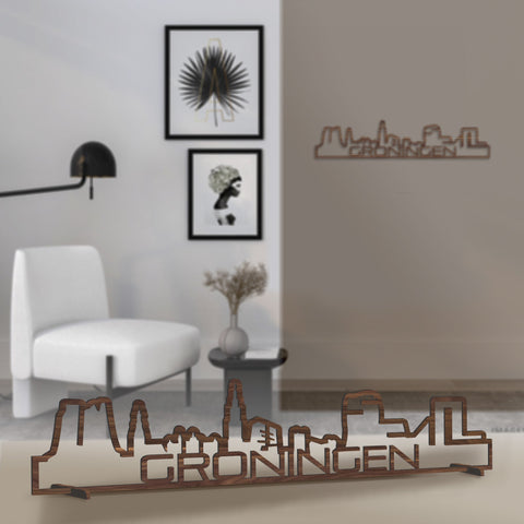 Standing Skyline Shape Groningen Noten houten cadeau decoratie relatiegeschenk van WoodWideCities