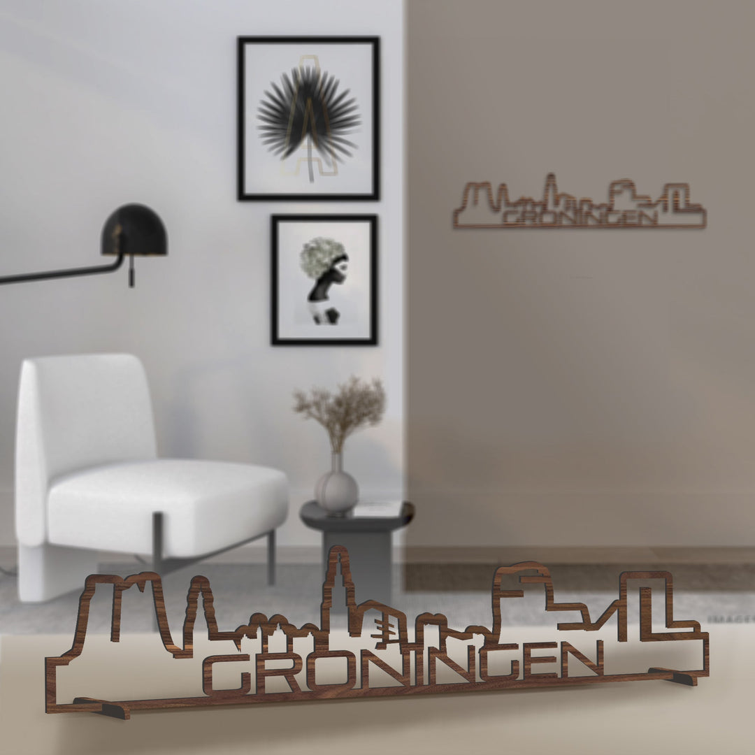 Standing Skyline Shape Groningen Noten houten cadeau decoratie relatiegeschenk van WoodWideCities