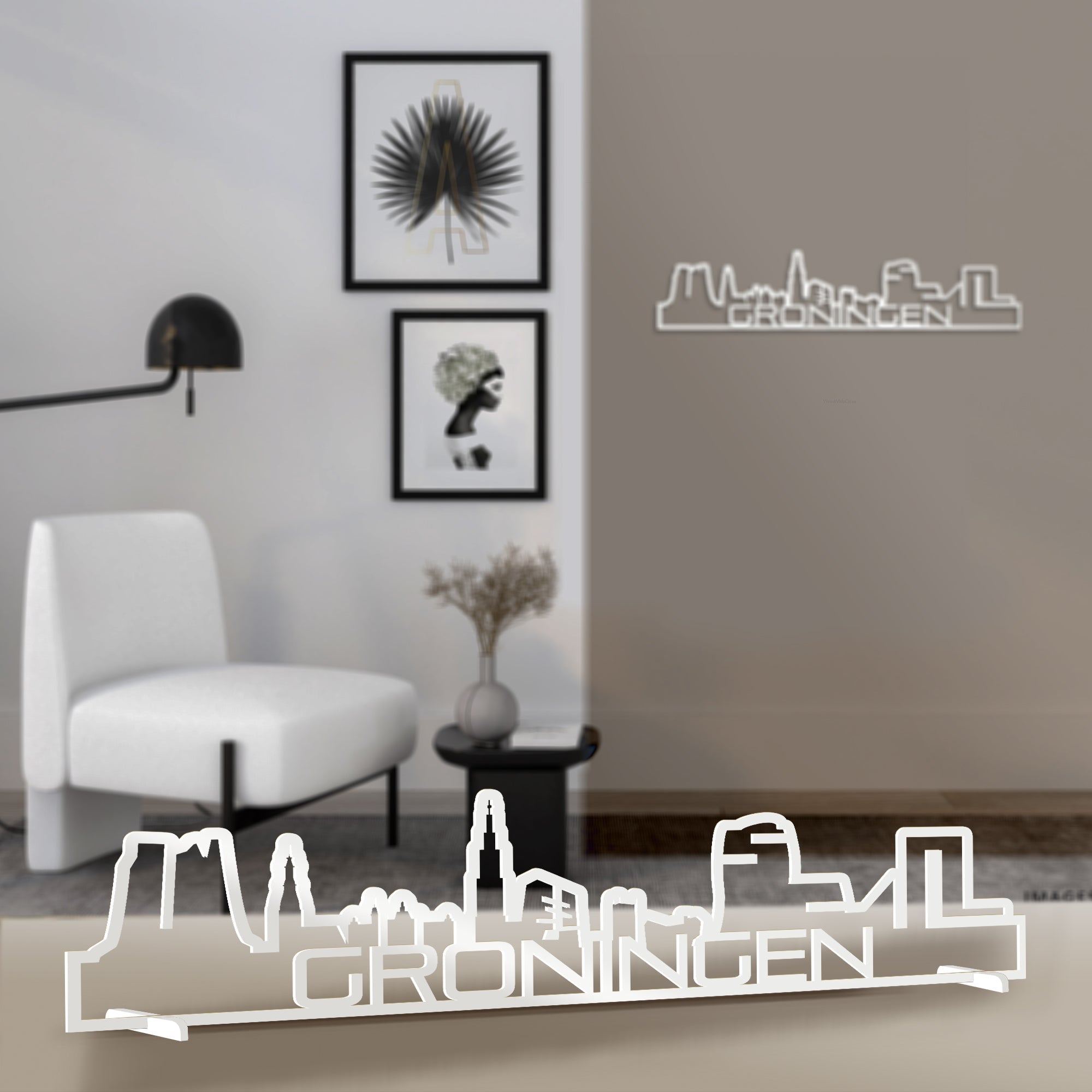 Standing Skyline Shape Groningen Wit glanzend gerecycled kunststof cadeau decoratie relatiegeschenk van WoodWideCities