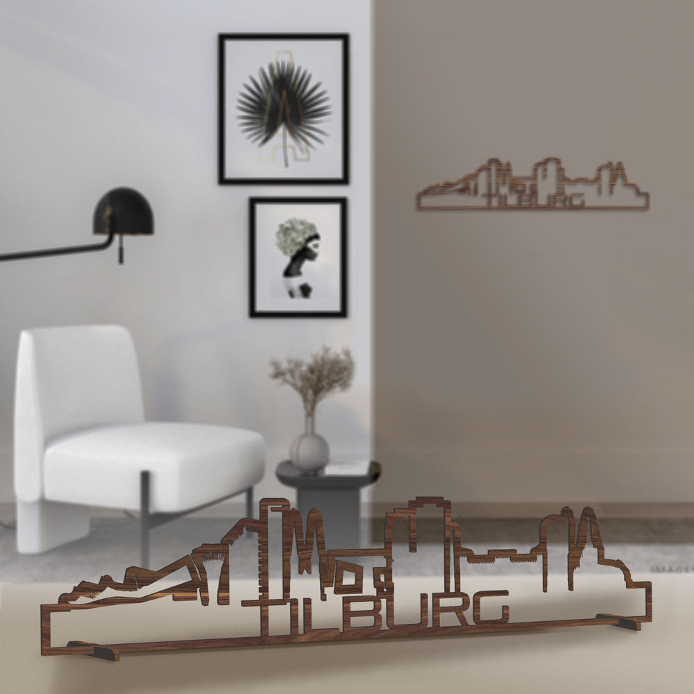 Standing Skyline Shape Tilburg Noten houten cadeau decoratie relatiegeschenk van WoodWideCities