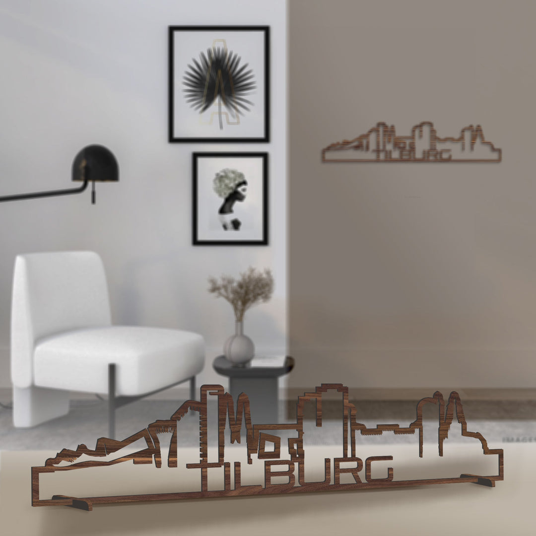 Standing Skyline Shape Tilburg Noten houten cadeau decoratie relatiegeschenk van WoodWideCities