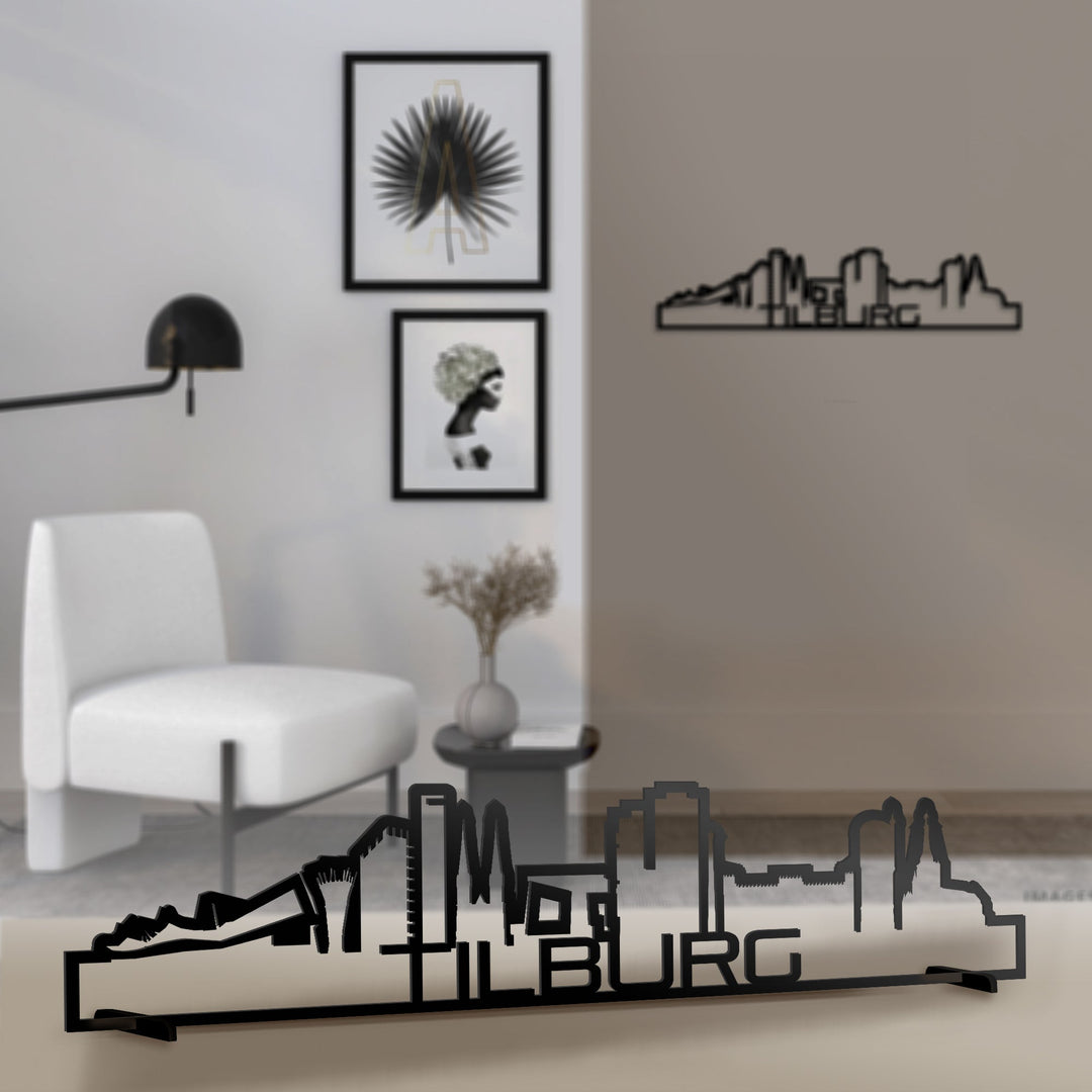 Standing Skyline Shape Tilburg Zwart glanzend gerecycled kunststof cadeau decoratie relatiegeschenk van WoodWideCities
