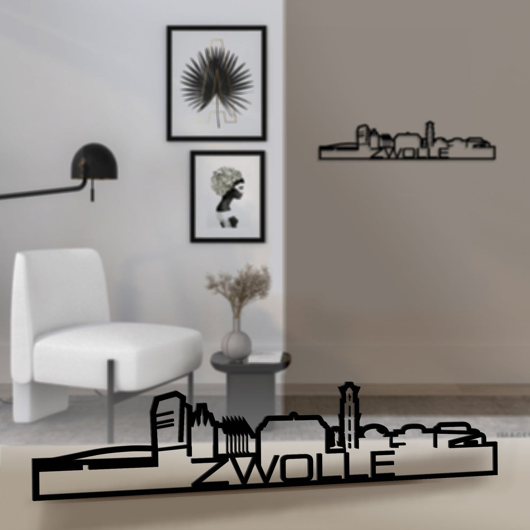 Standing Skyline Shape Zwolle Black houten cadeau decoratie relatiegeschenk van WoodWideCities