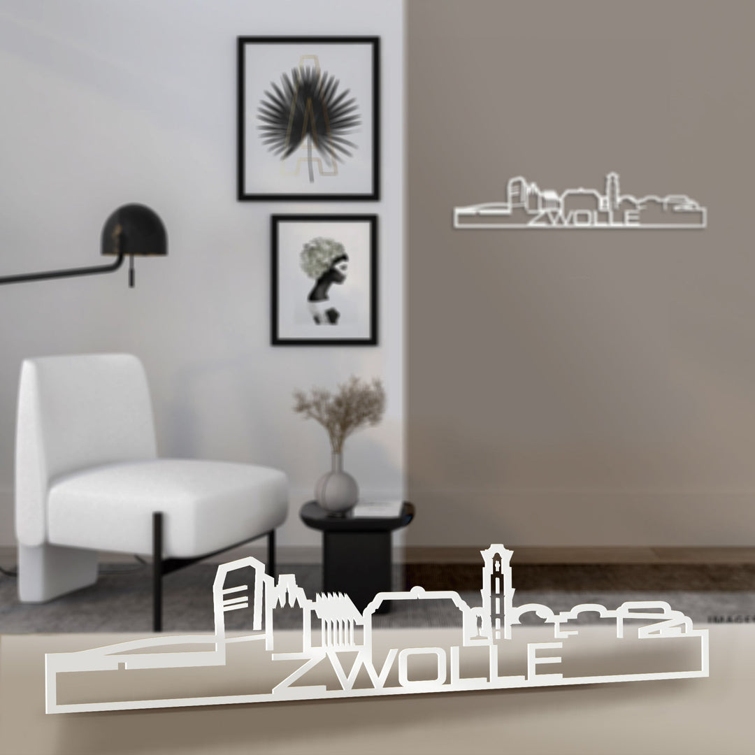 Standing Skyline Shape Zwolle Wit glanzend gerecycled kunststof cadeau decoratie relatiegeschenk van WoodWideCities