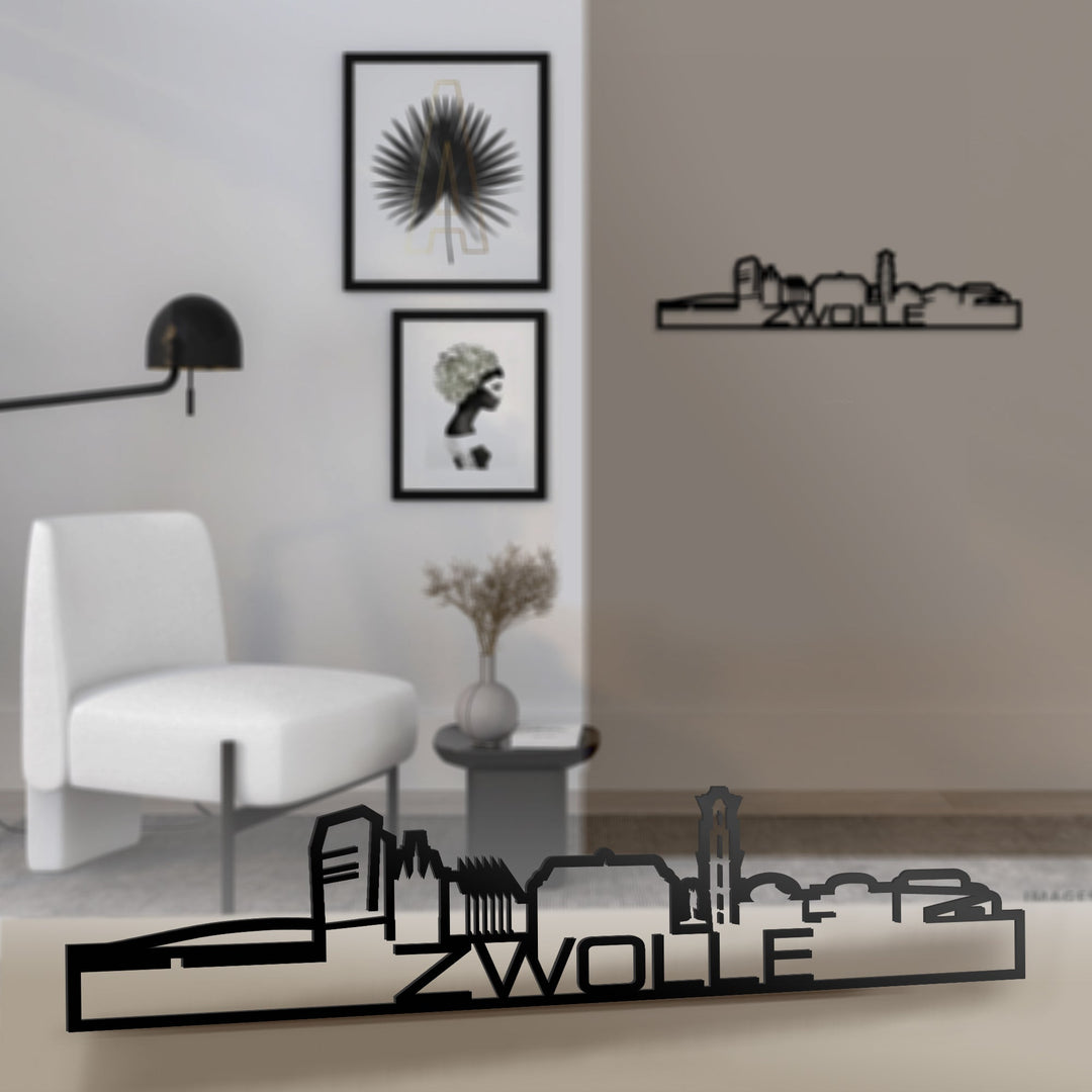 Standing Skyline Shape Zwolle Zwart glanzend gerecycled kunststof cadeau decoratie relatiegeschenk van WoodWideCities