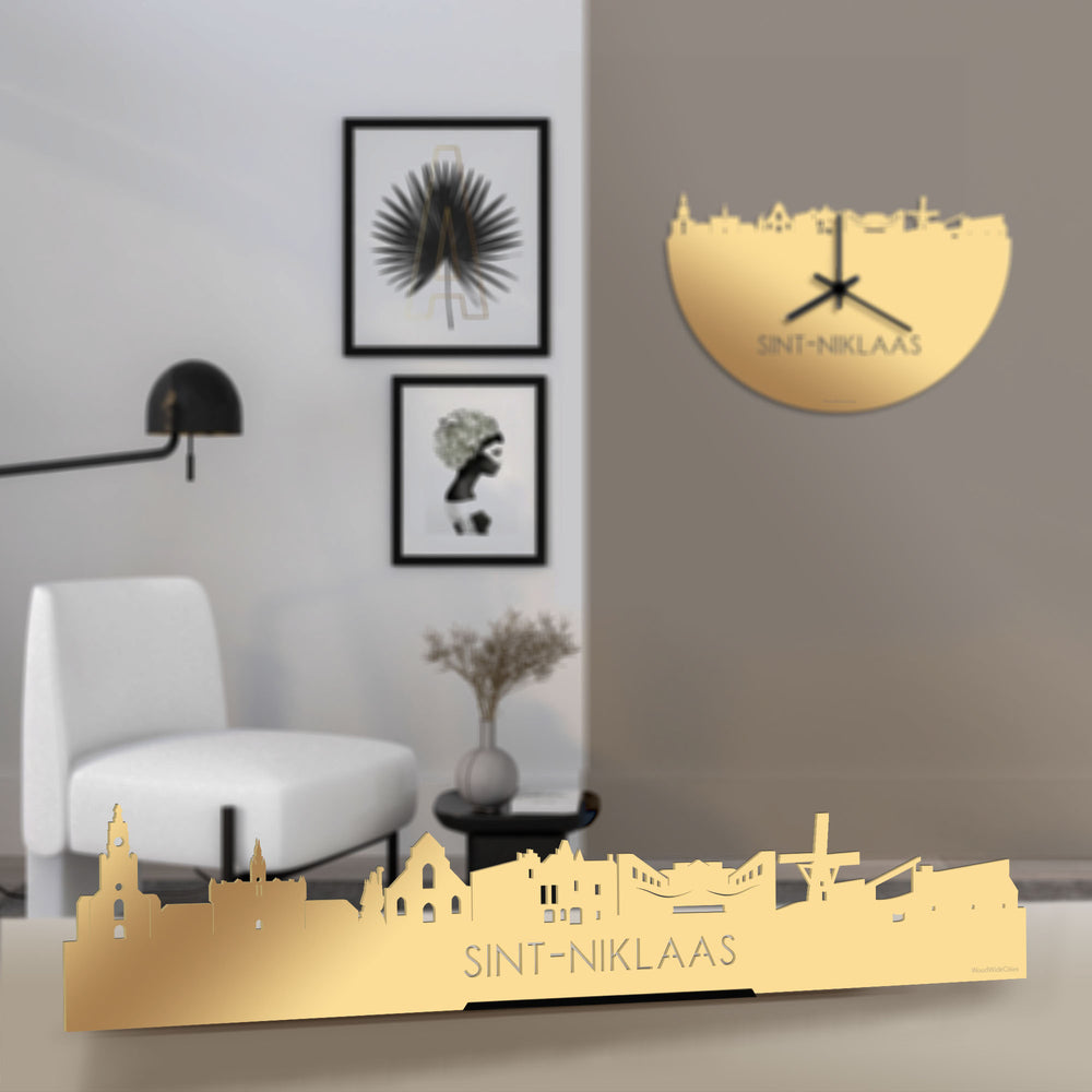 Standing Skyline Sint-Niklaas Metallic Goud gerecycled kunststof cadeau decoratie relatiegeschenk van WoodWideCities