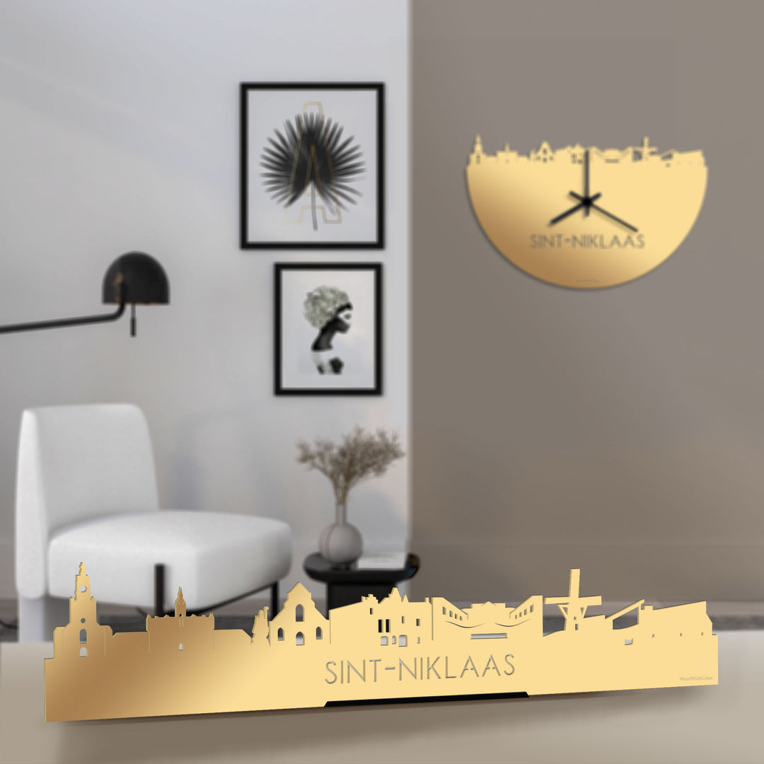 Standing Skyline Sint-Niklaas Metallic Goud gerecycled kunststof cadeau decoratie relatiegeschenk van WoodWideCities