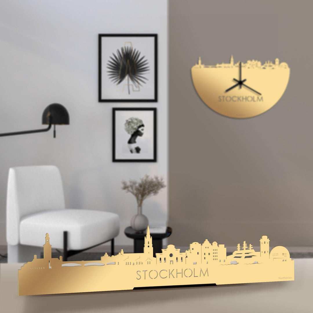 Standing Skyline Stockholm Metallic Goud gerecycled kunststof cadeau decoratie relatiegeschenk van WoodWideCities