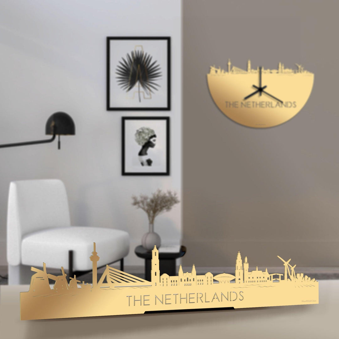 Standing Skyline The Netherlands Metallic Goud gerecycled kunststof cadeau decoratie relatiegeschenk van WoodWideCities