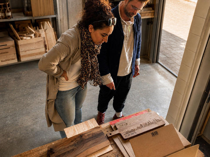 Twee mensen buigen zich over houten planken op de werkbank