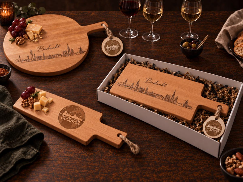Houten borrelplank met gegraveerd bedrijfslogo