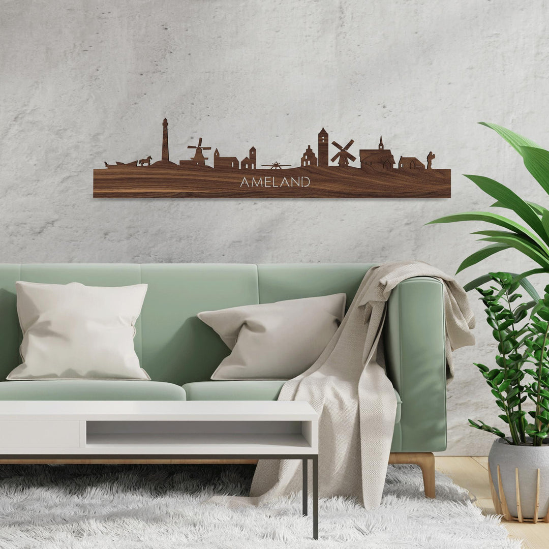 Skyline Ameland Noten houten cadeau decoratie relatiegeschenk van WoodWideCities