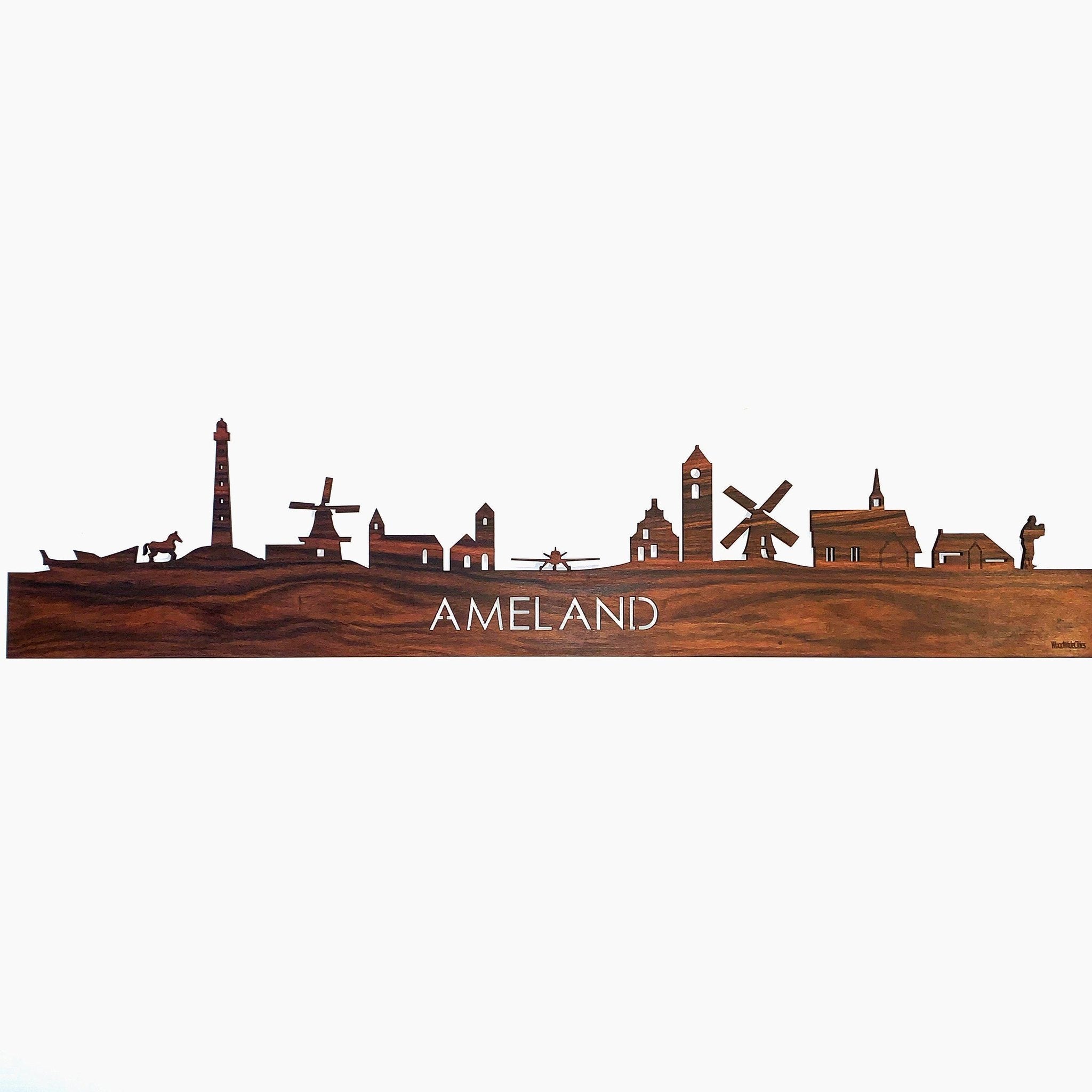 Skyline Ameland Palissander houten cadeau decoratie relatiegeschenk van WoodWideCities
