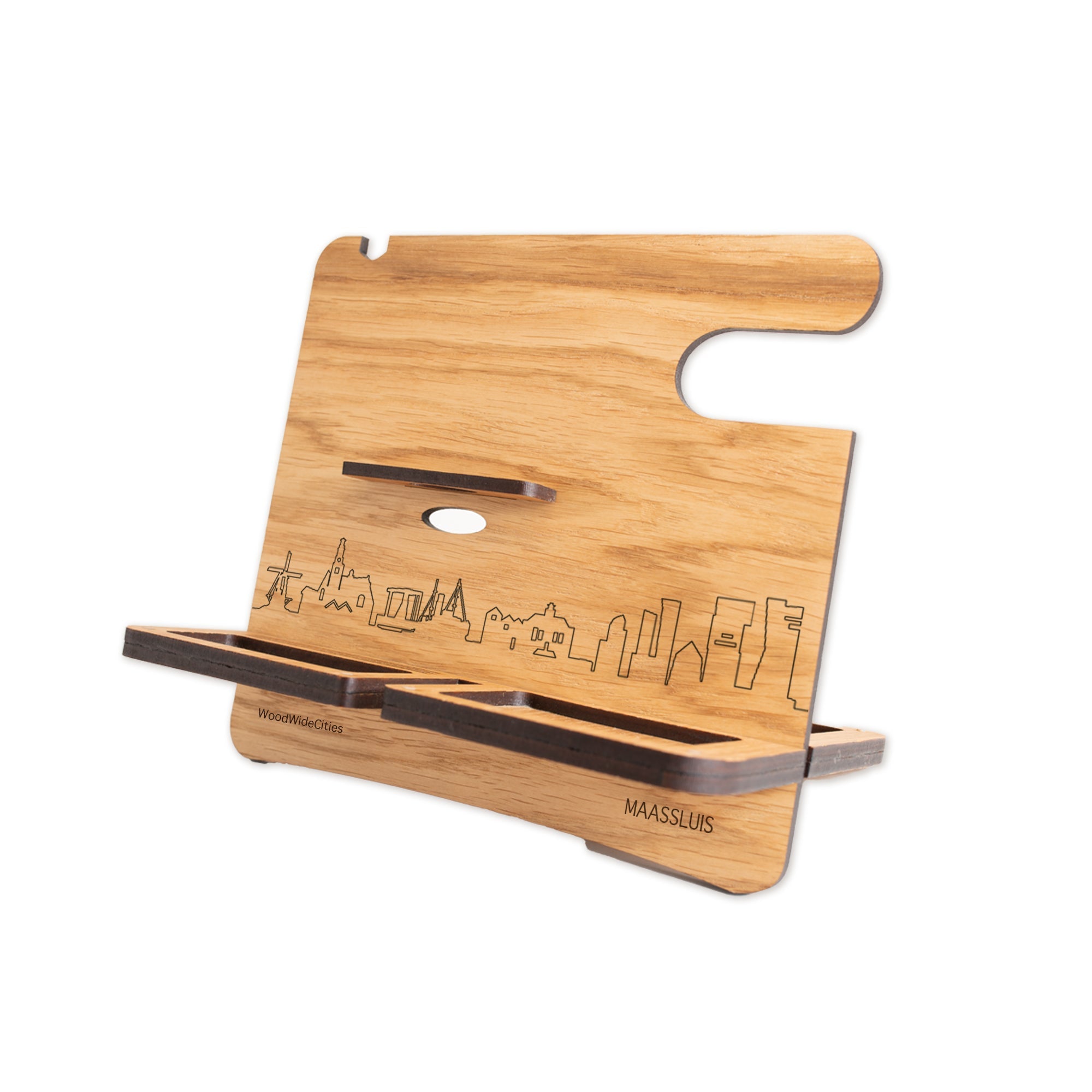 Skyline Desk Organizer Maassluis Eiken houten cadeau decoratie relatiegeschenk van WoodWideCities