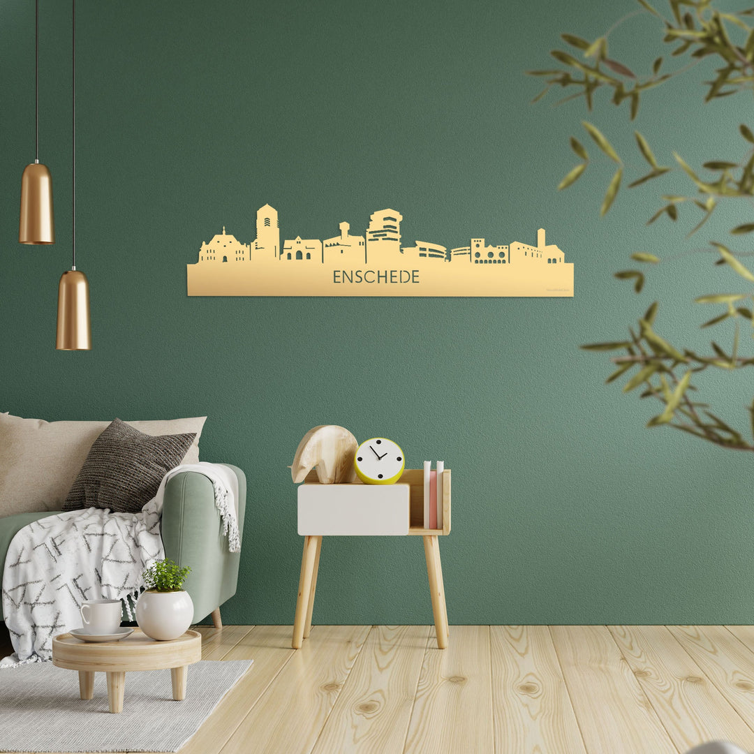 Skyline Enschede Metallic Goud gerecycled kunststof cadeau decoratie relatiegeschenk van WoodWideCities