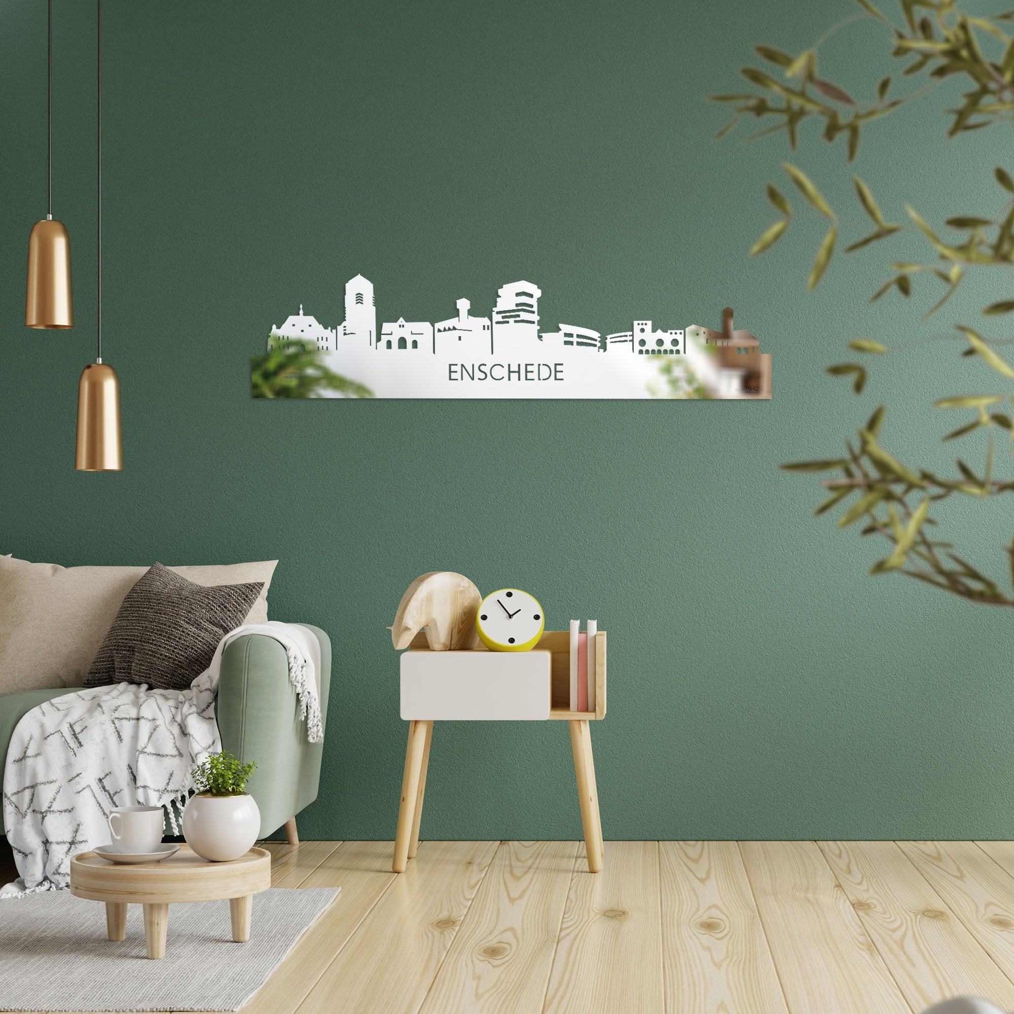 Skyline Enschede Spiegel gerecycled kunststof cadeau decoratie relatiegeschenk van WoodWideCities