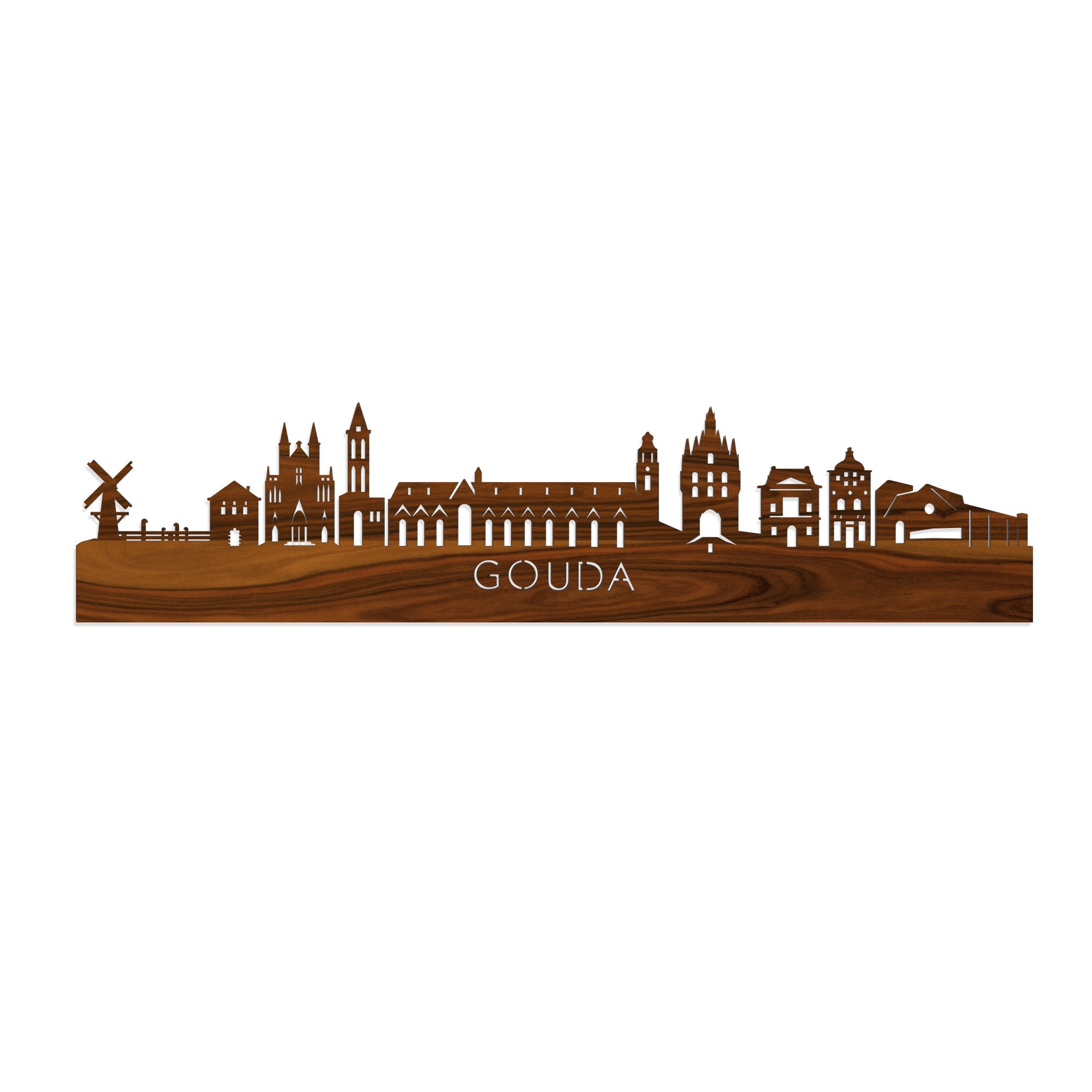 Skyline Gouda Palissander houten cadeau decoratie relatiegeschenk van WoodWideCities