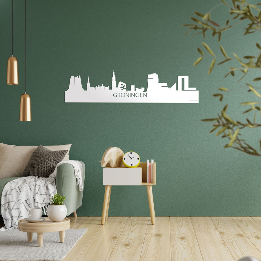 Skyline Groningen Wit glanzend gerecycled kunststof cadeau decoratie relatiegeschenk van WoodWideCities