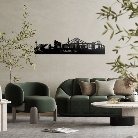 Skyline Hamburg Zwart glanzend gerecycled kunststof cadeau decoratie relatiegeschenk van WoodWideCities